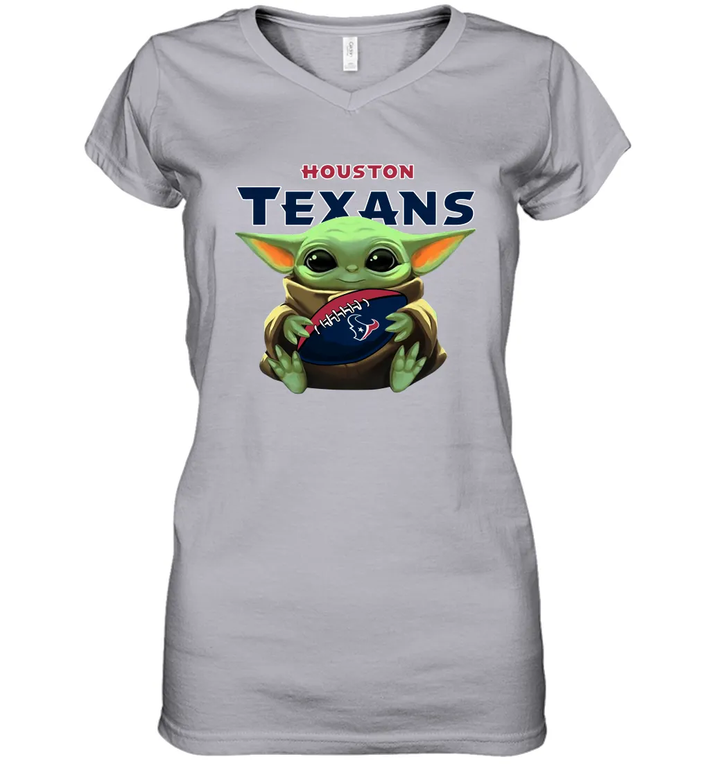 Baby Yoda Loves The Houston Texans Star Wars Baby Yoda Hugs Texans NFL Womens V-Neck T-Shirt