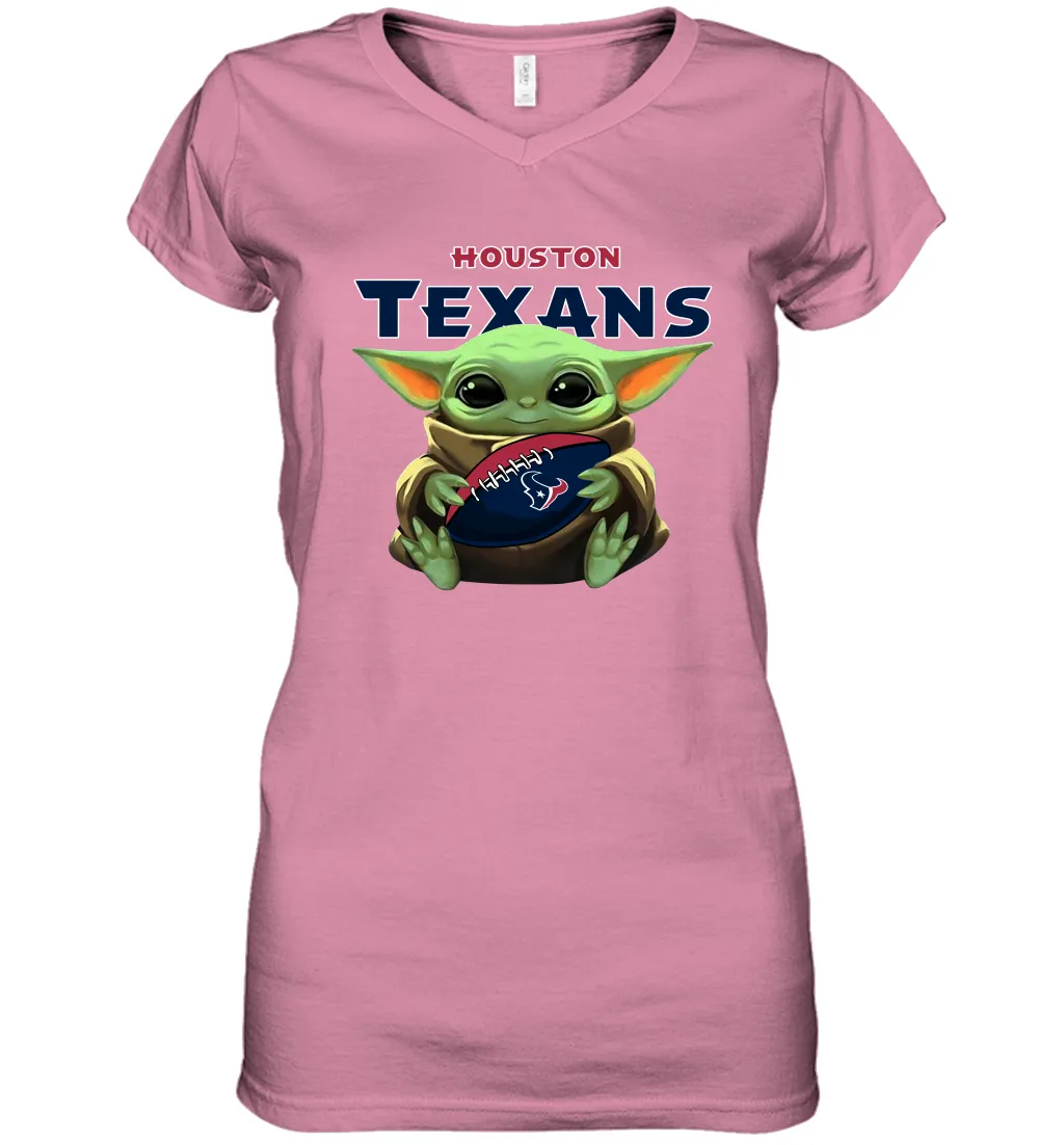 Baby Yoda Loves The Houston Texans Star Wars Baby Yoda Hugs Texans NFL Womens V-Neck T-Shirt