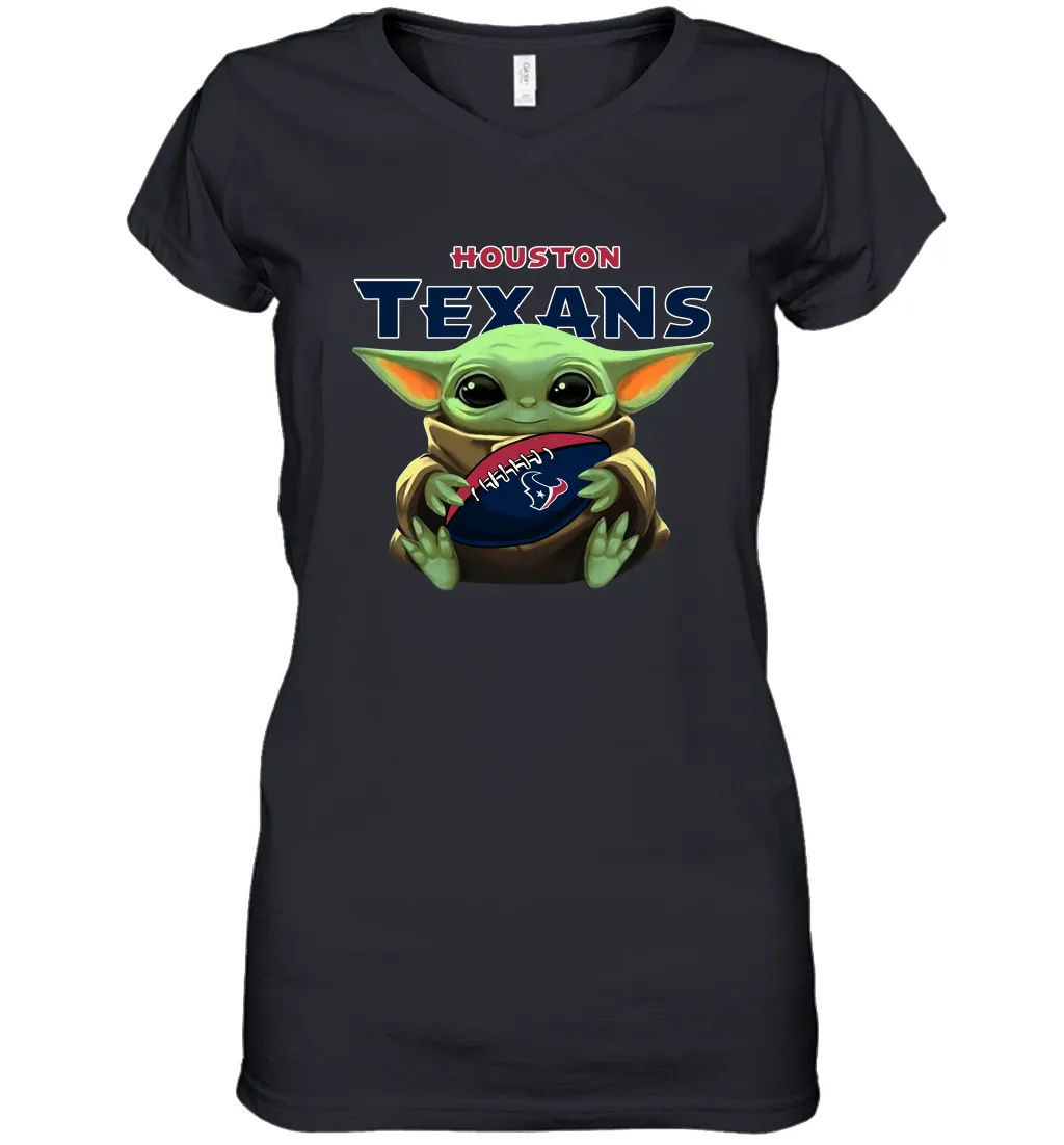 Baby Yoda Loves The Houston Texans Star Wars Baby Yoda Hugs Texans NFL Womens V-Neck T-Shirt