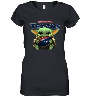 Baby Yoda Loves The Houston Texans Star Wars Baby Yoda Hugs Texans NFL Womens V-Neck T-Shirt