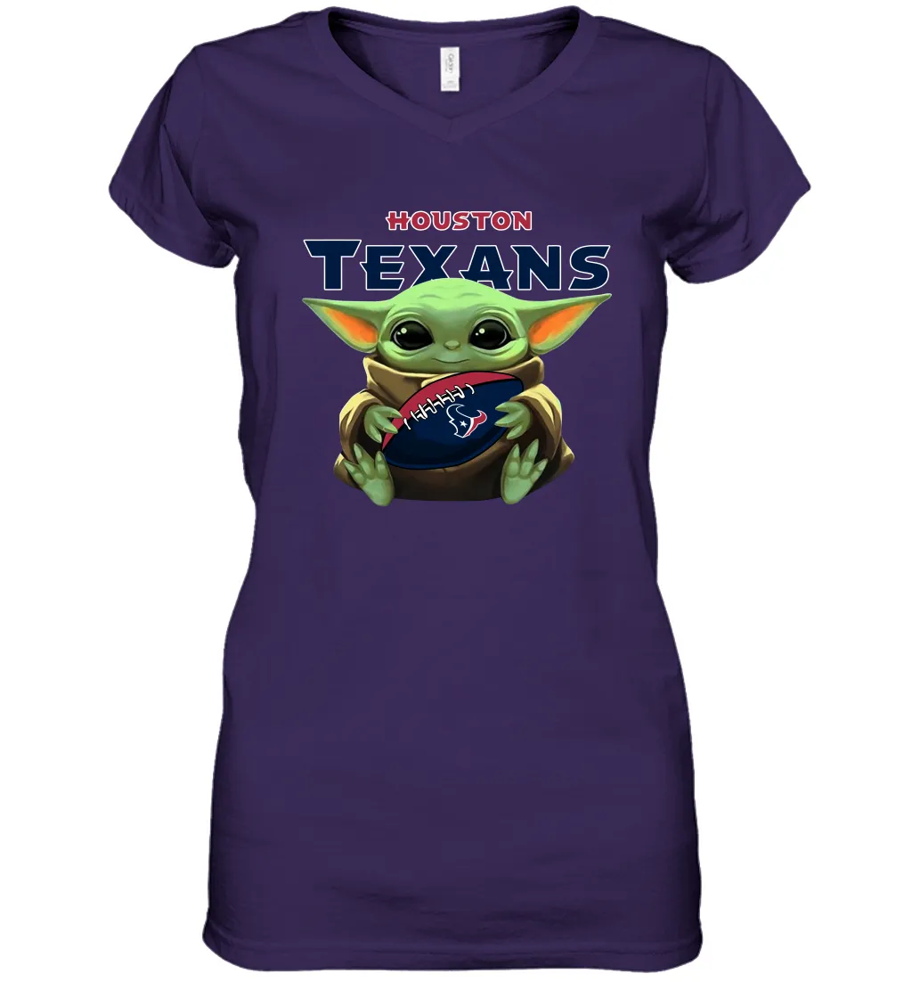 Baby Yoda Loves The Houston Texans Star Wars Baby Yoda Hugs Texans NFL Womens V-Neck T-Shirt