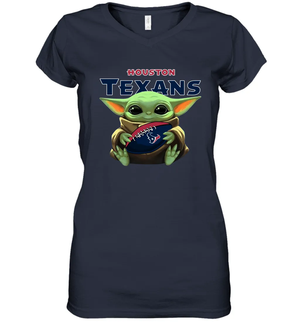 Baby Yoda Loves The Houston Texans Star Wars Baby Yoda Hugs Texans NFL Womens V-Neck T-Shirt
