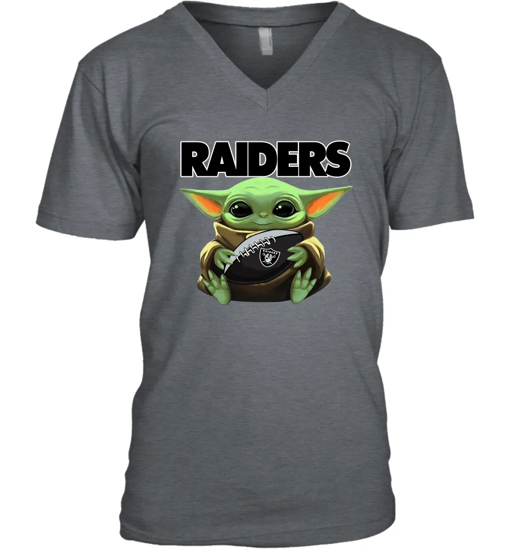 Baby Yoda Loves The Oakland Raiders Star Wars Baby Yoda Hugs Raiders NFL Mens V-Neck T-Shirt