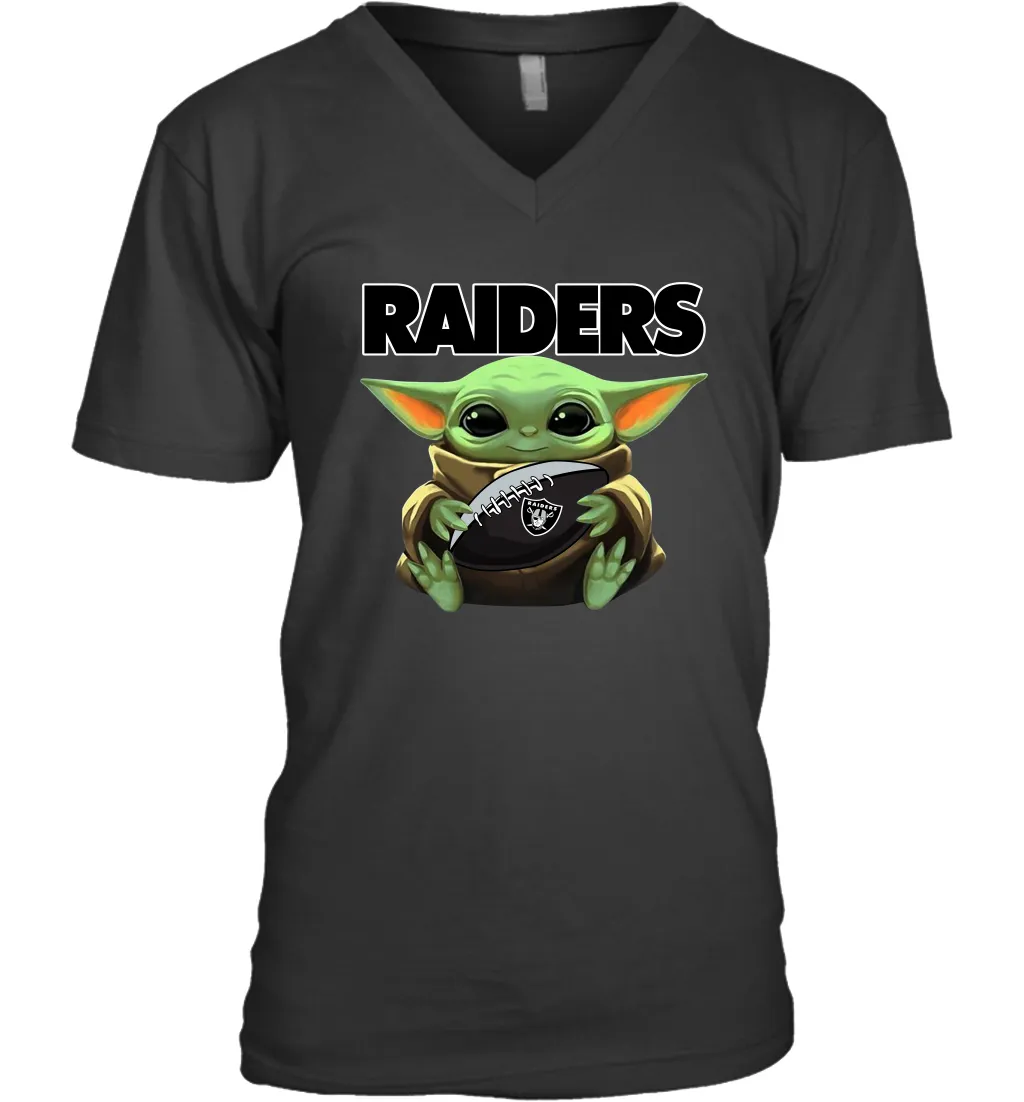 Baby Yoda Loves The Oakland Raiders Star Wars Baby Yoda Hugs Raiders NFL Mens V-Neck T-Shirt