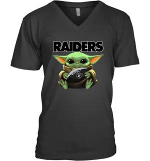 Baby Yoda Loves The Oakland Raiders Star Wars Baby Yoda Hugs Raiders NFL Mens V-Neck T-Shirt