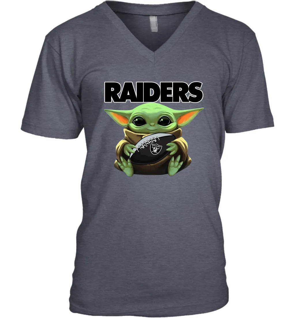 Baby Yoda Loves The Oakland Raiders Star Wars Baby Yoda Hugs Raiders NFL Mens V-Neck T-Shirt