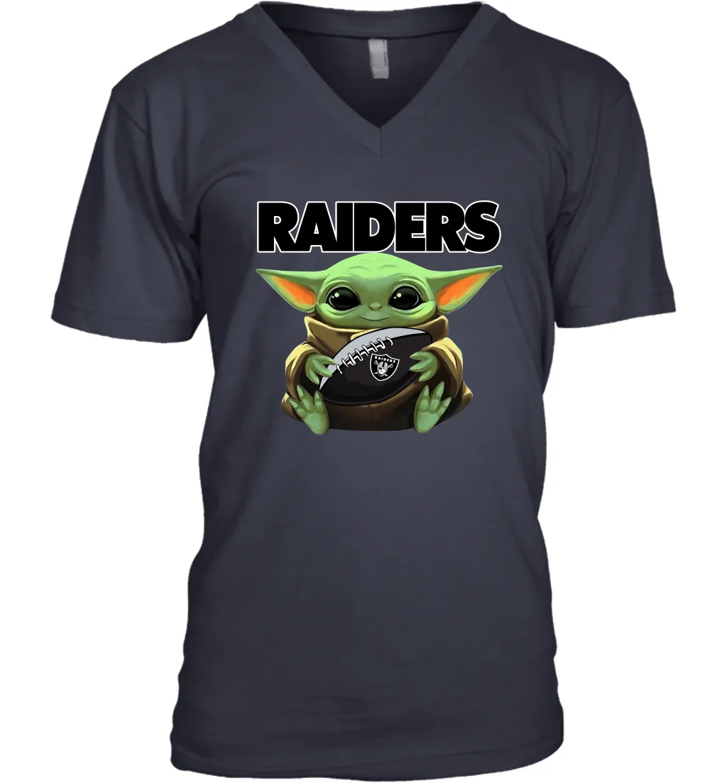 Baby Yoda Loves The Oakland Raiders Star Wars Baby Yoda Hugs Raiders NFL Mens V-Neck T-Shirt