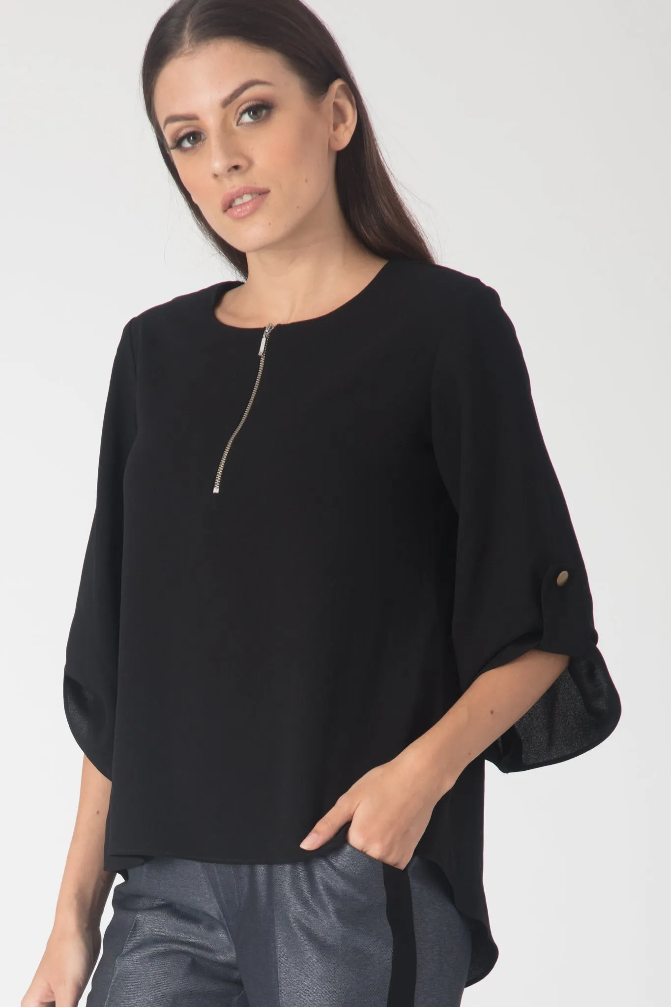 Carbon Zipper-Front Flowy Top