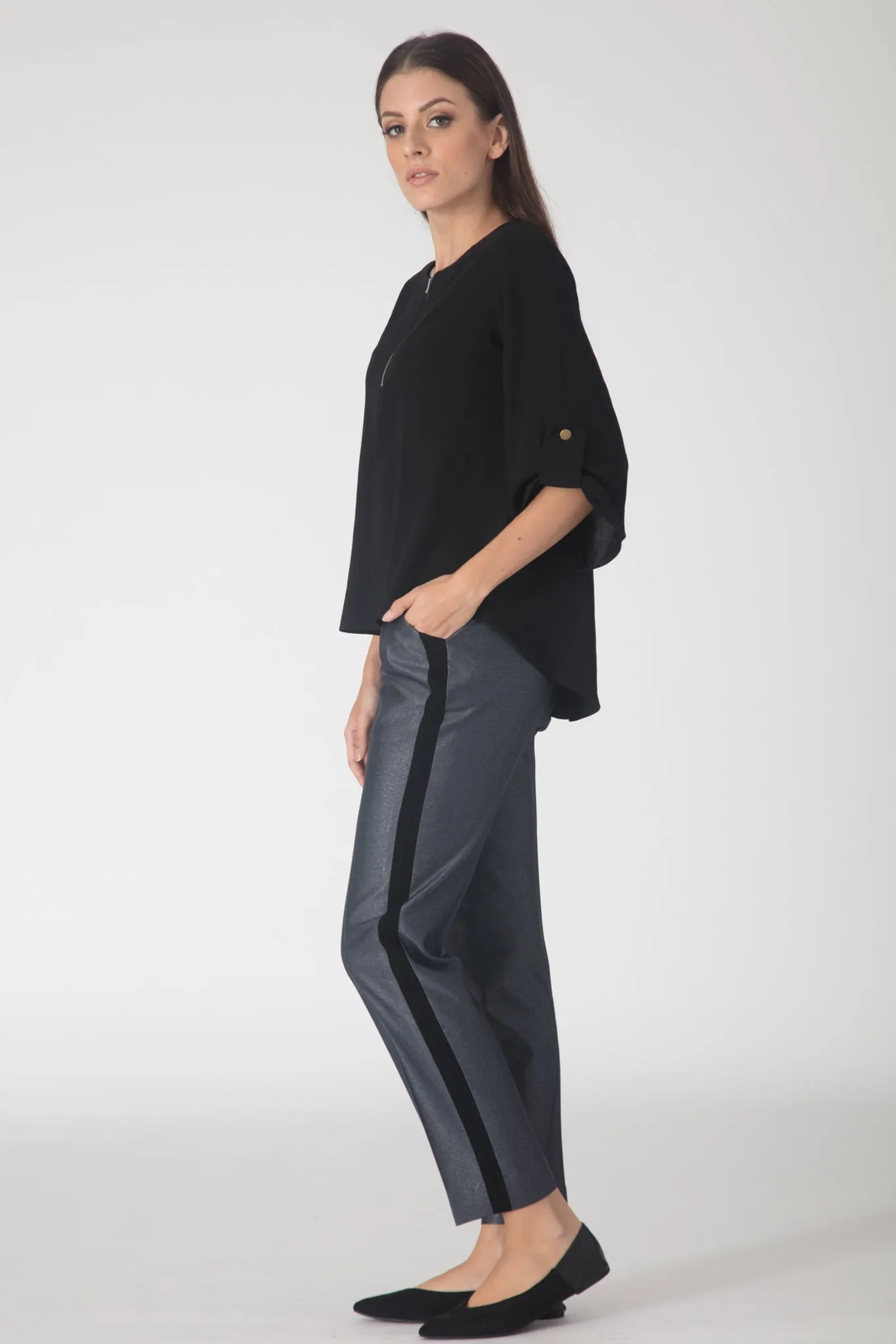 Carbon Zipper-Front Flowy Top