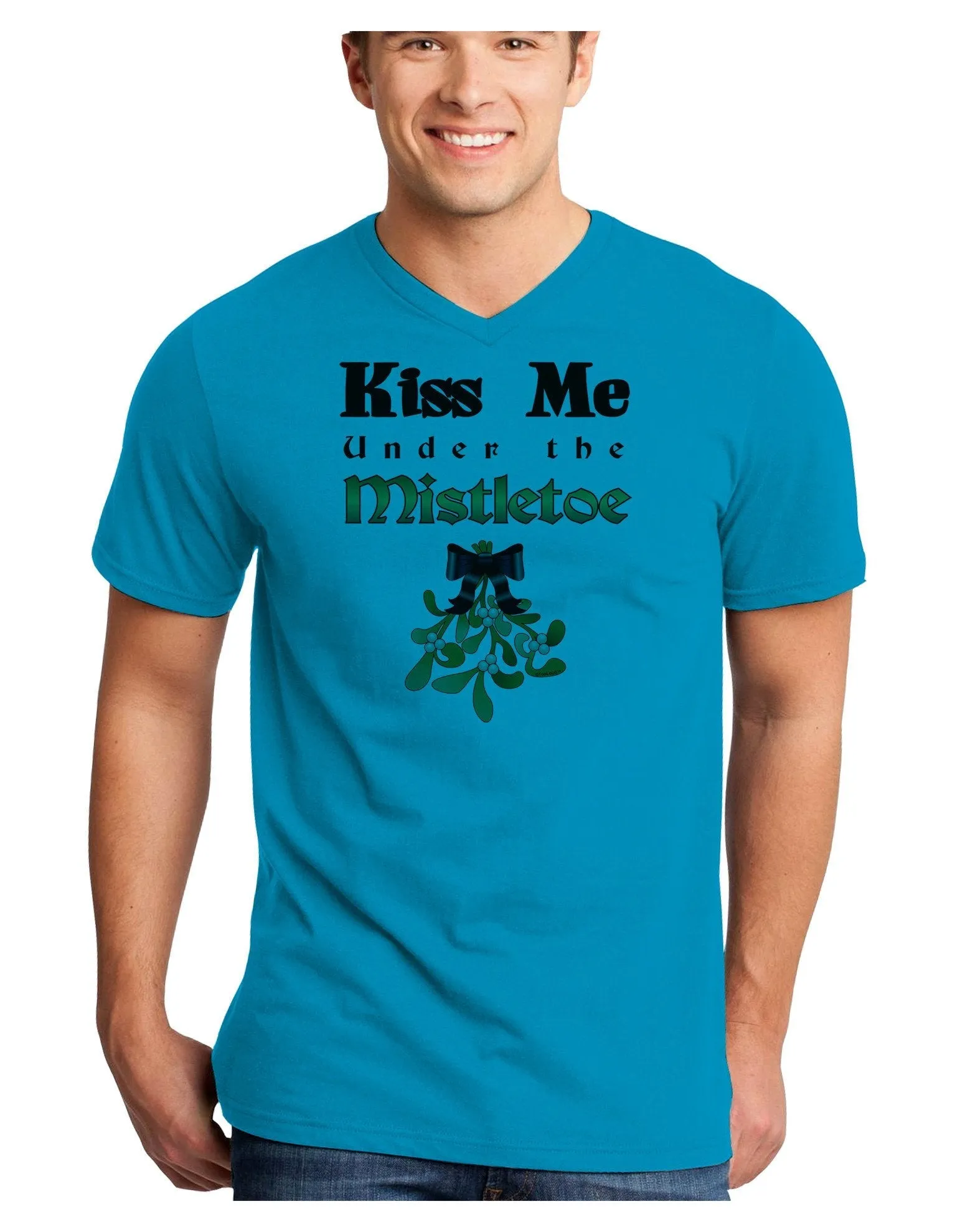 Kiss Me Under the Mistletoe Christmas Unisex Adult V-Neck T-shirt