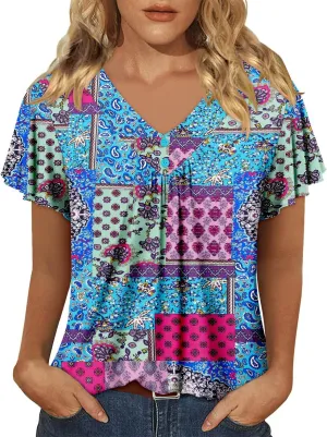 KISSMODA Short Sleeve Tunic Tops for Women Summer to Wear with Jeans Women's Tunics with Button Boho T Shirts Loose S-3XL