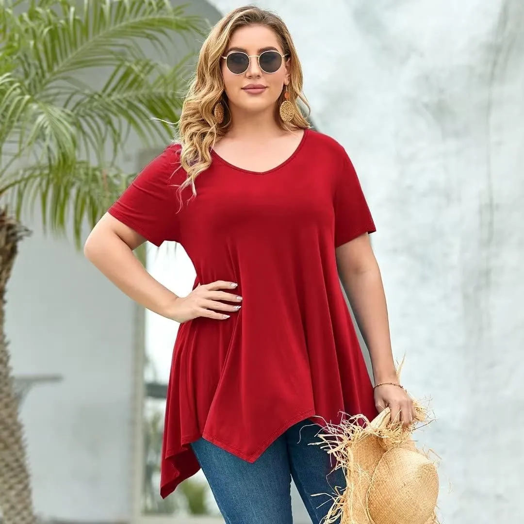 LARACE Plus Size Tops for Womens Summer Clothes Short Sleeve Shirts Casual V Neck Tunic Asymmetrical Blouses