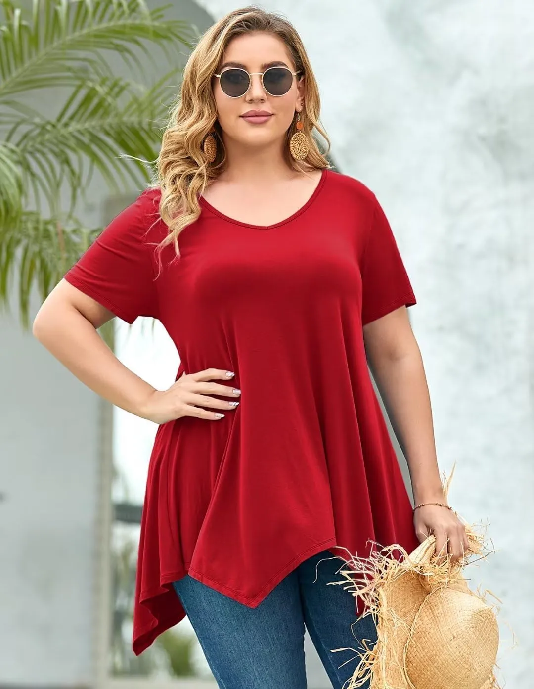 LARACE Plus Size Tops for Womens Summer Clothes Short Sleeve Shirts Casual V Neck Tunic Asymmetrical Blouses