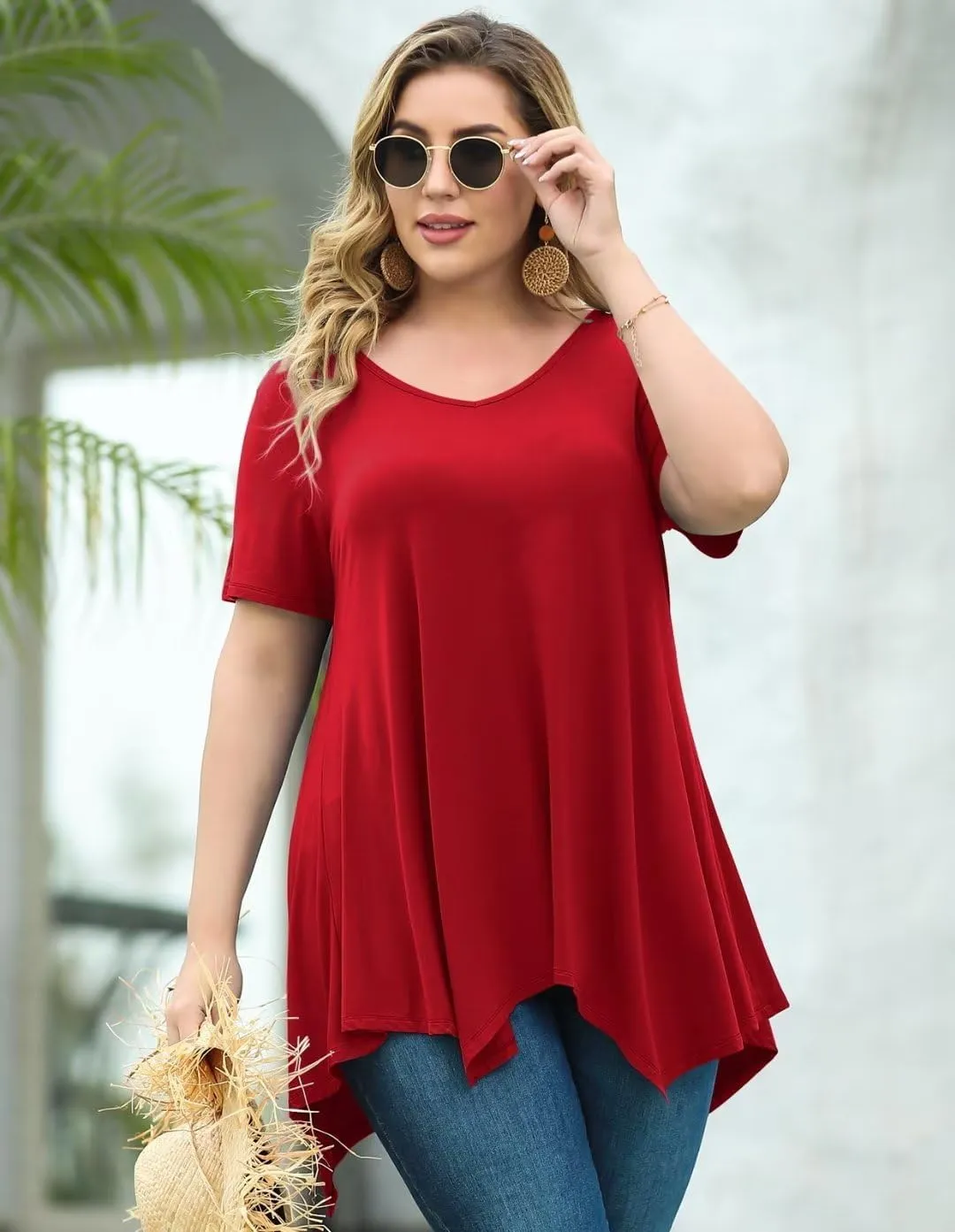 LARACE Plus Size Tops for Womens Summer Clothes Short Sleeve Shirts Casual V Neck Tunic Asymmetrical Blouses