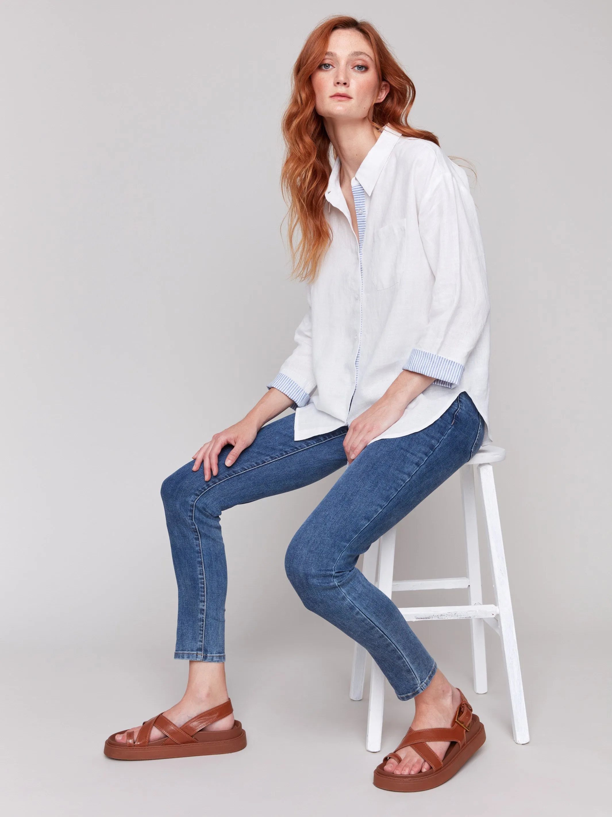 Linen Blend Drop Shoulder Shirt with Striped Cuffs - White