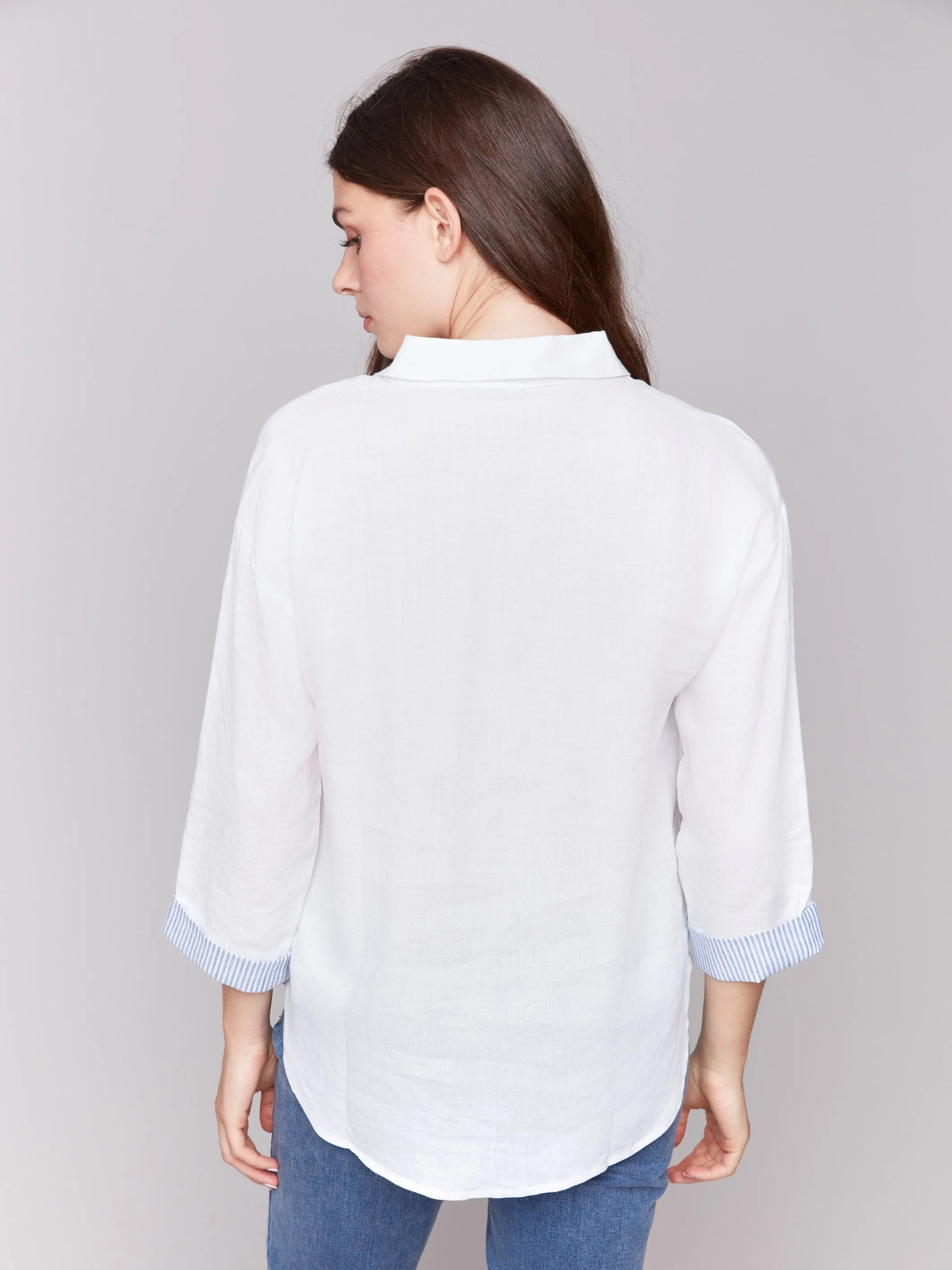 Linen Blend Drop Shoulder Shirt with Striped Cuffs - White
