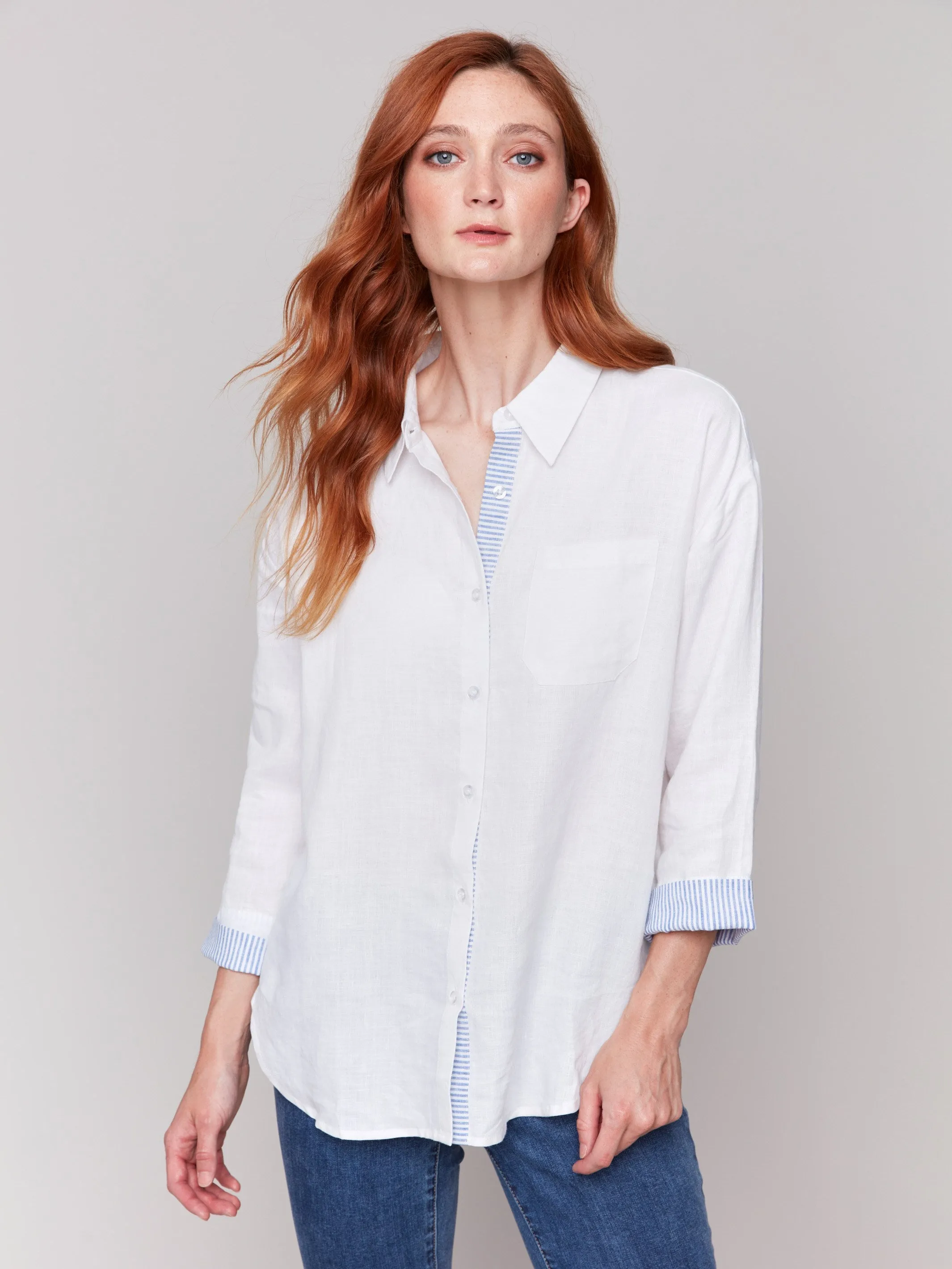 Linen Blend Drop Shoulder Shirt with Striped Cuffs - White