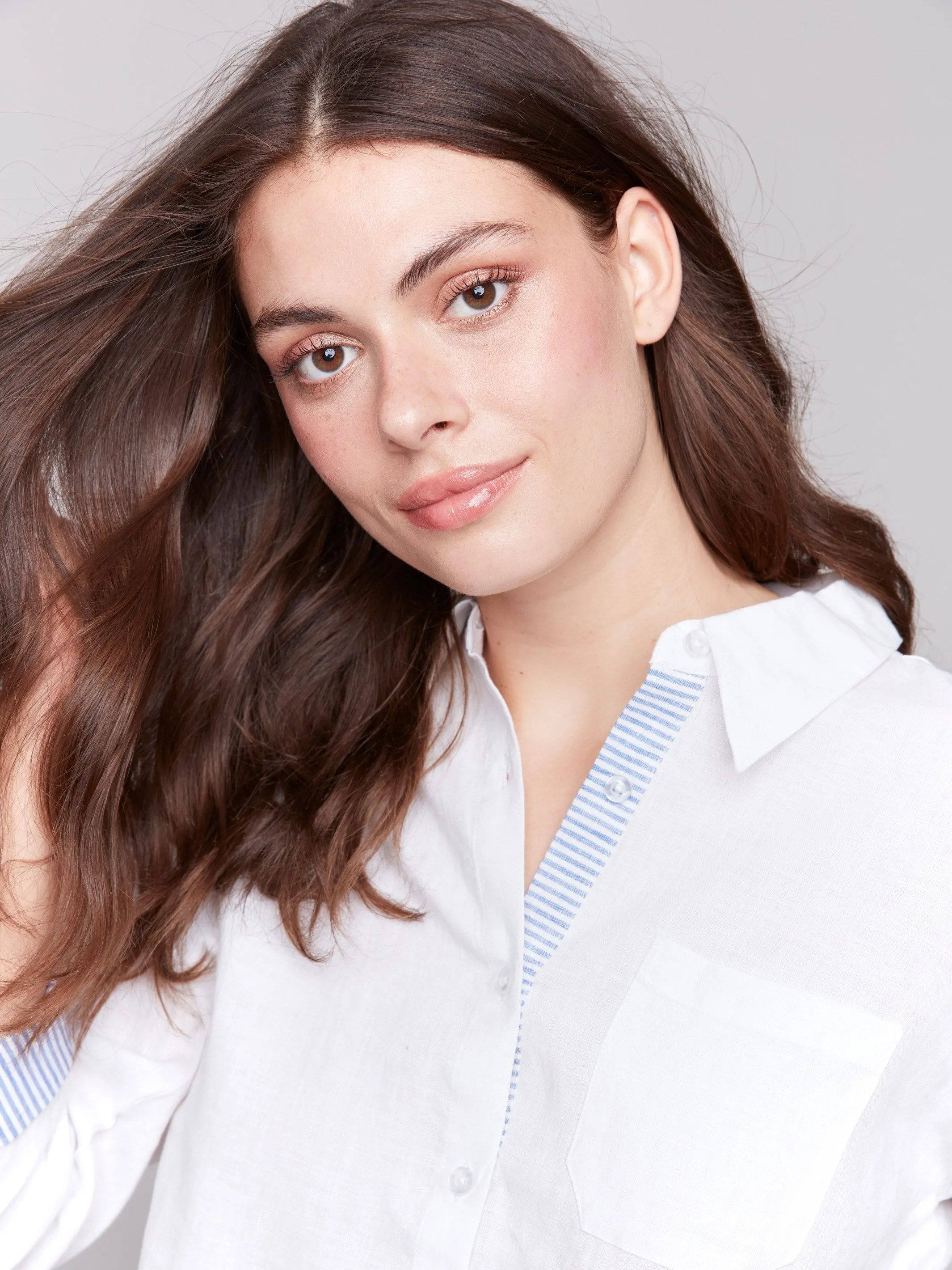 Linen Blend Drop Shoulder Shirt with Striped Cuffs - White