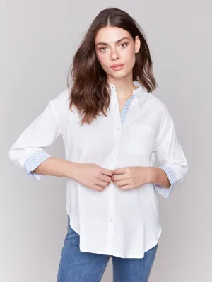 Linen Blend Drop Shoulder Shirt with Striped Cuffs - White