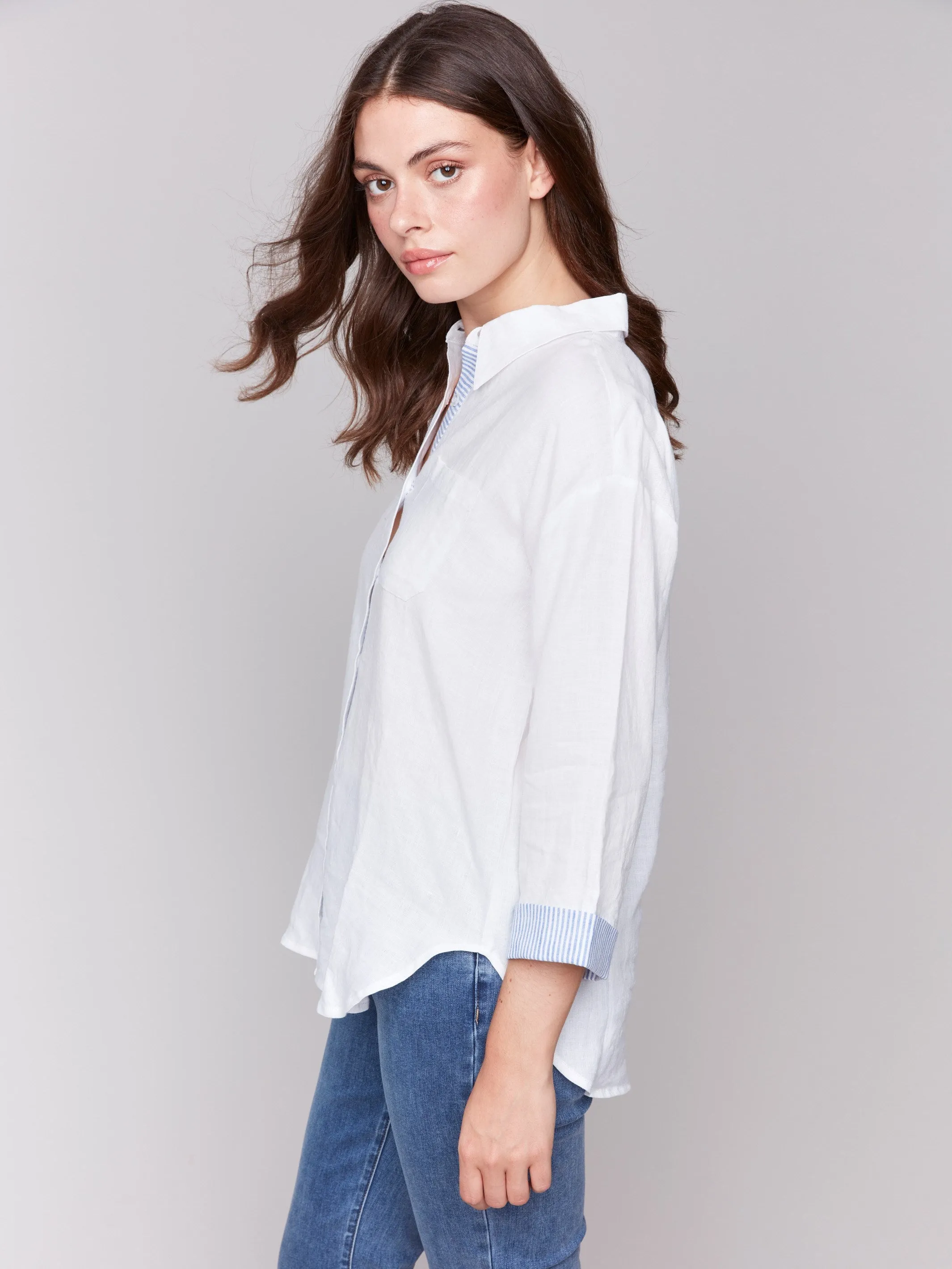 Linen Blend Drop Shoulder Shirt with Striped Cuffs - White