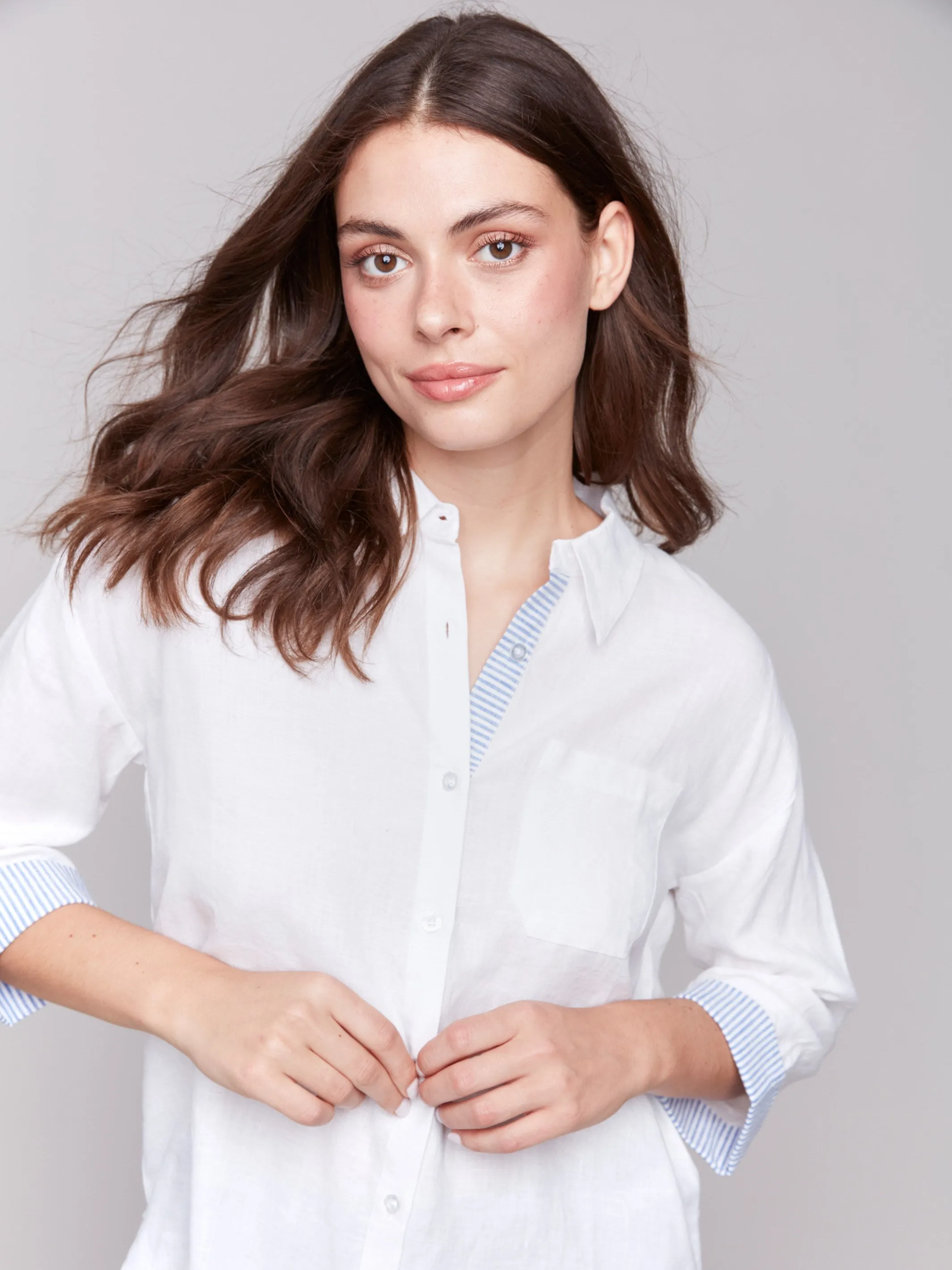 Linen Blend Drop Shoulder Shirt with Striped Cuffs - White