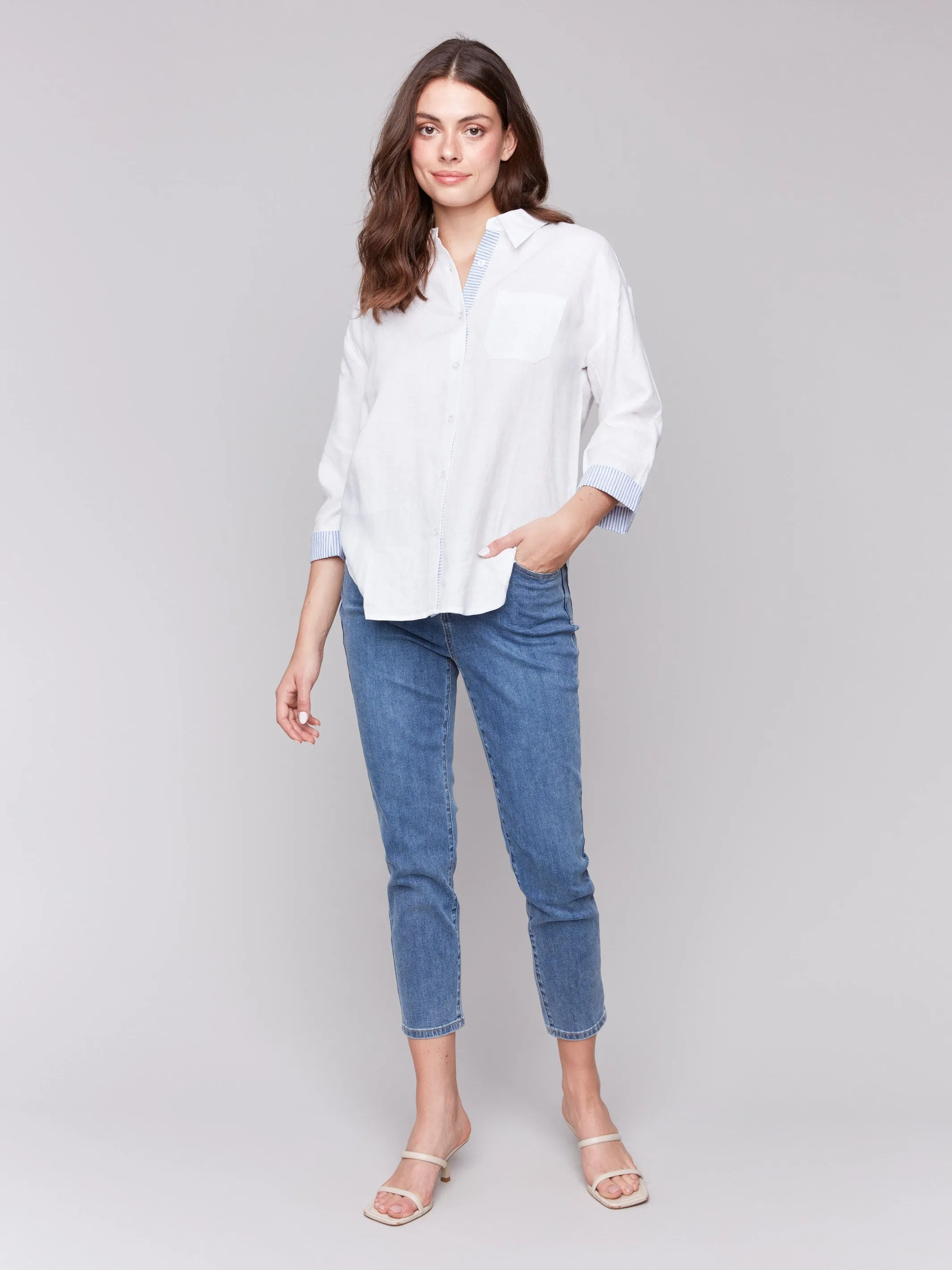 Linen Blend Drop Shoulder Shirt with Striped Cuffs - White