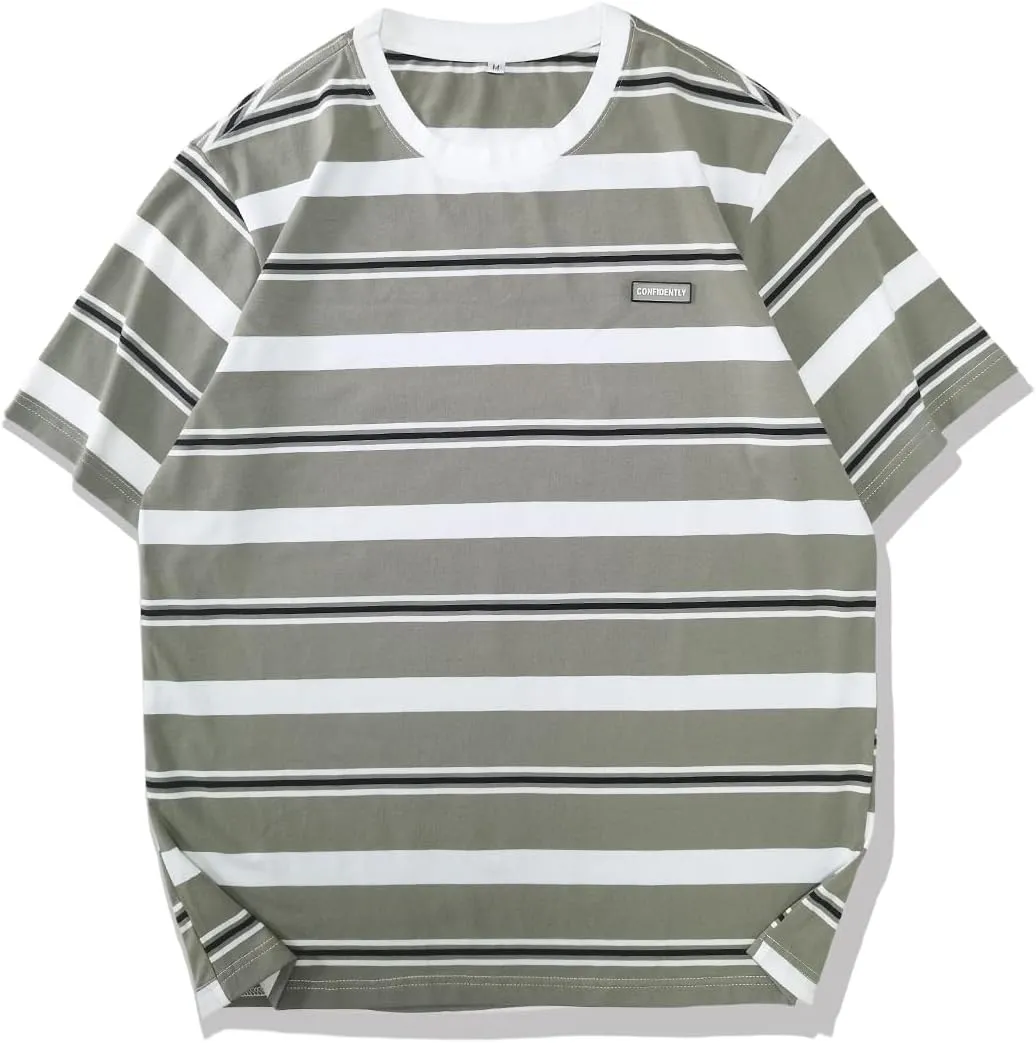 Men's Crew Neck Stripe T-Shirt Loose Short Sleeved Cotton T-Shirt