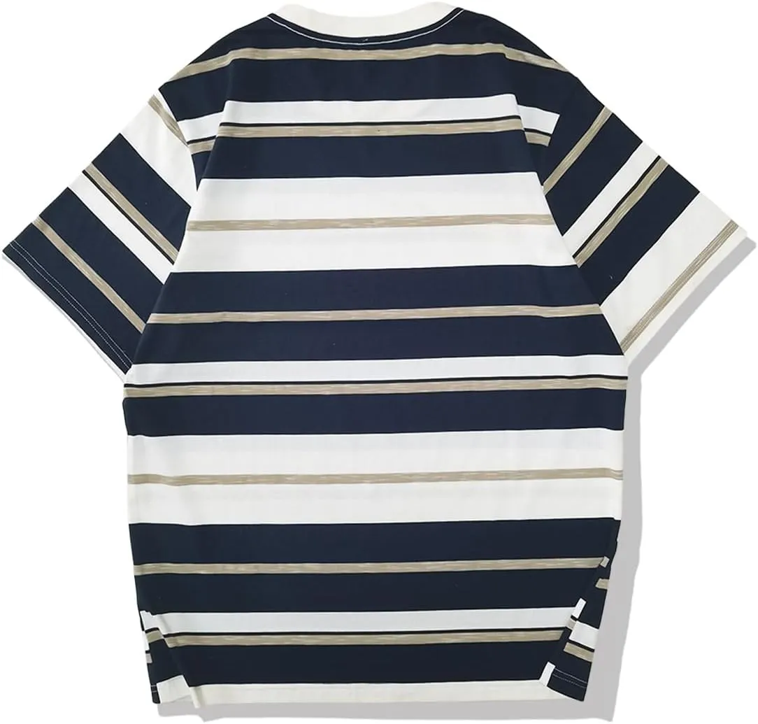 Men's Crew Neck Stripe T-Shirt Loose Short Sleeved Cotton T-Shirt
