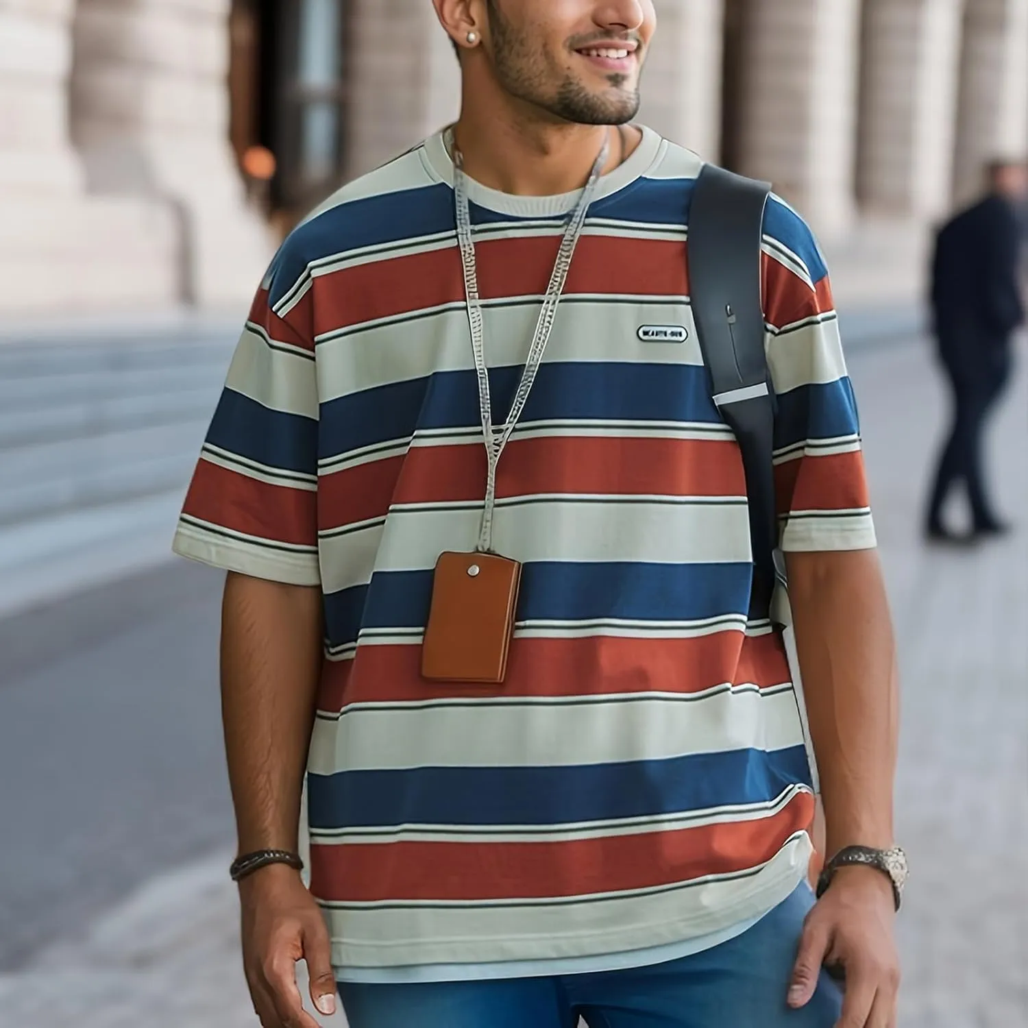 Men's Crew Neck Stripe T-Shirt Loose Short Sleeved Cotton T-Shirt