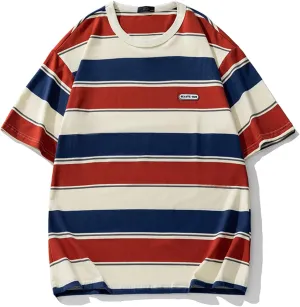 Men's Crew Neck Stripe T-Shirt Loose Short Sleeved Cotton T-Shirt