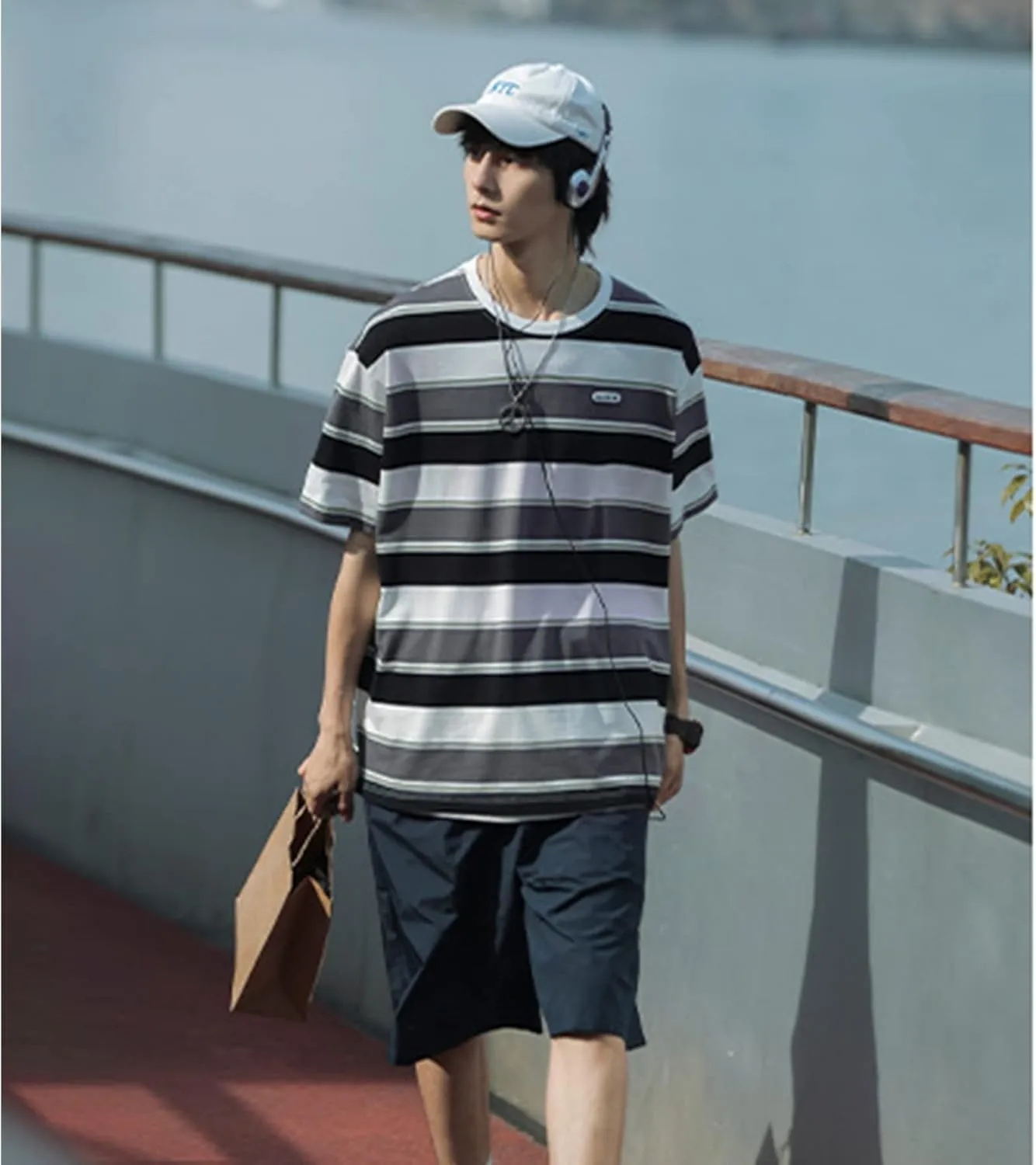 Men's Crew Neck Stripe T-Shirt Loose Short Sleeved Cotton T-Shirt