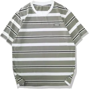 Men's Crew Neck Stripe T-Shirt Loose Short Sleeved Cotton T-Shirt
