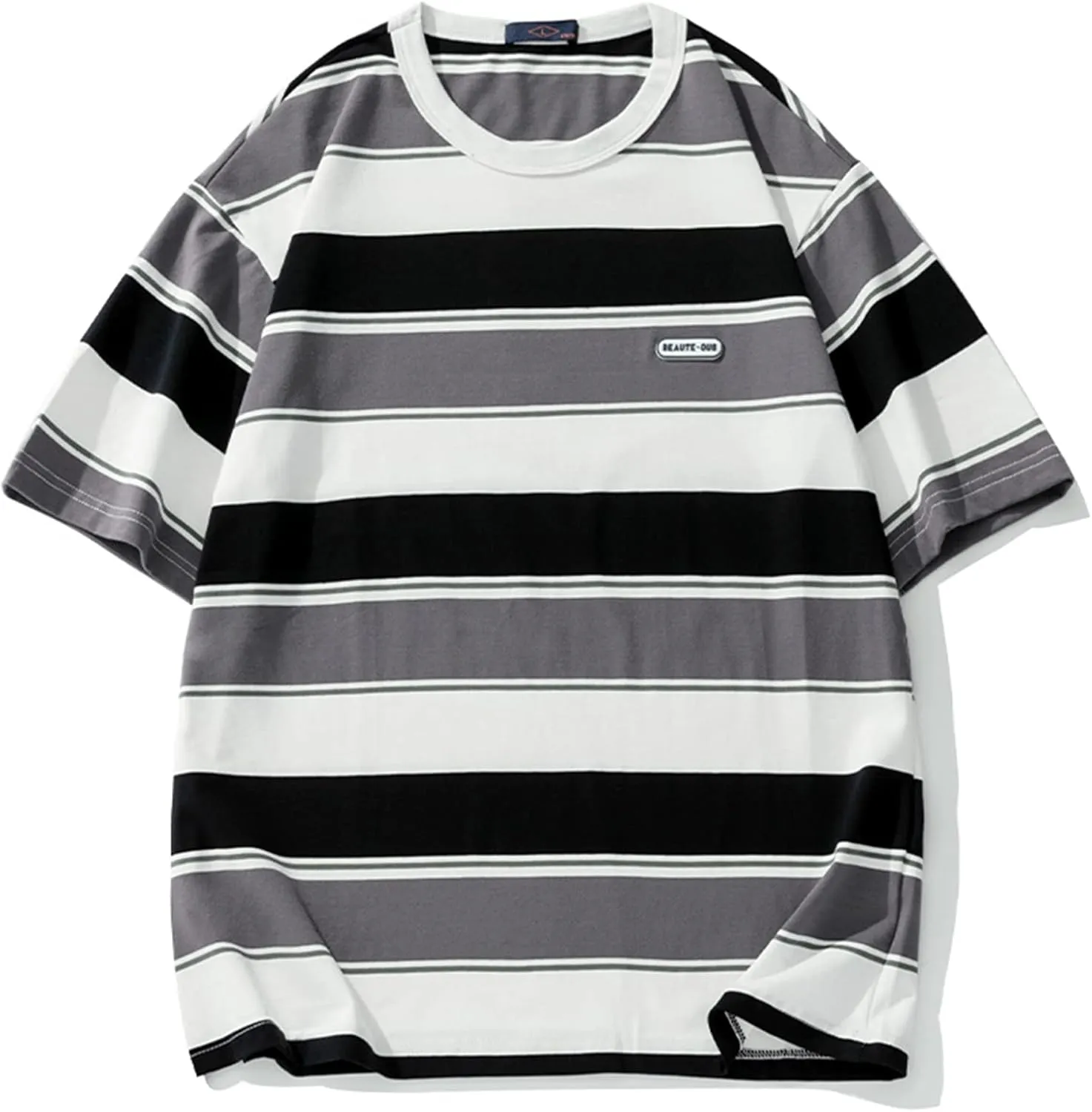 Men's Crew Neck Stripe T-Shirt Loose Short Sleeved Cotton T-Shirt