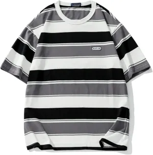 Men's Crew Neck Stripe T-Shirt Loose Short Sleeved Cotton T-Shirt