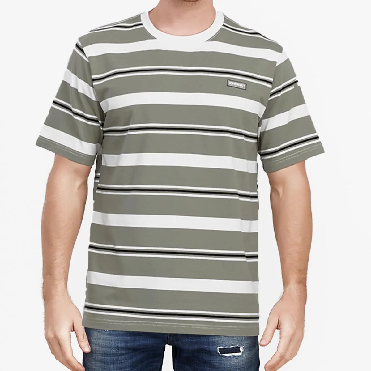 Men's Crew Neck Stripe T-Shirt Loose Short Sleeved Cotton T-Shirt