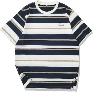 Men's Crew Neck Stripe T-Shirt Loose Short Sleeved Cotton T-Shirt