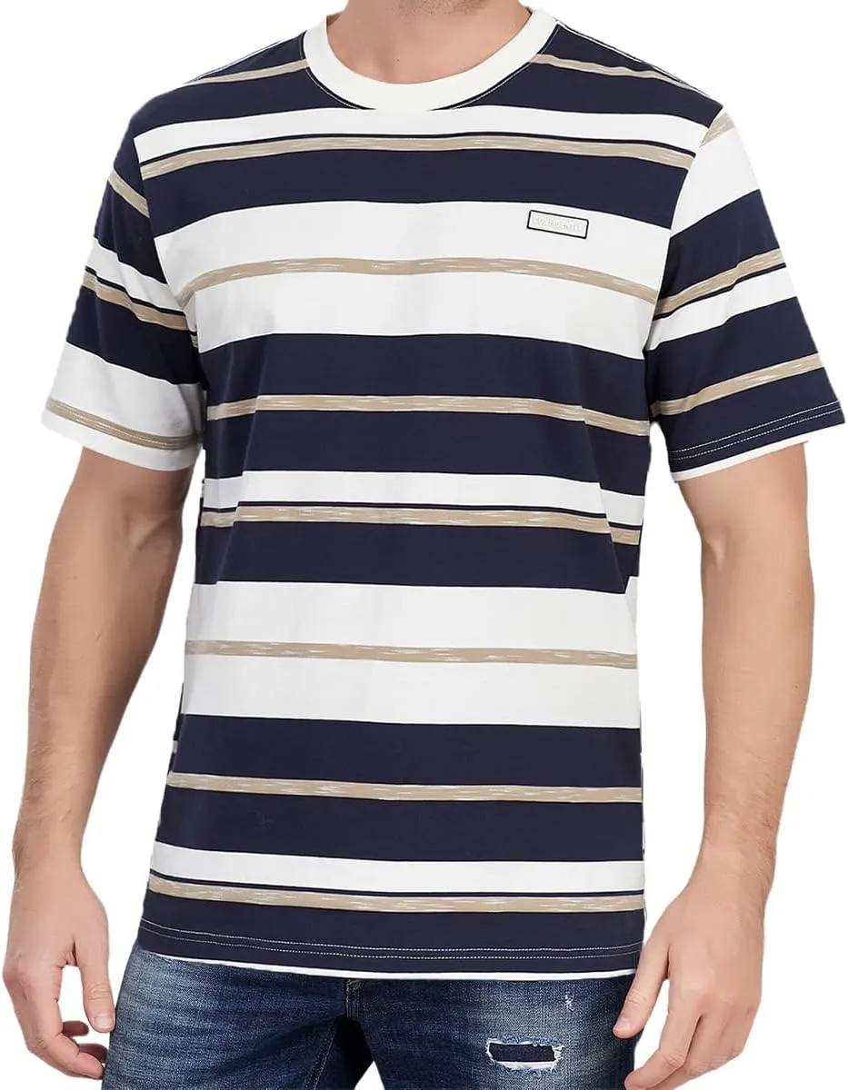Men's Crew Neck Stripe T-Shirt Loose Short Sleeved Cotton T-Shirt