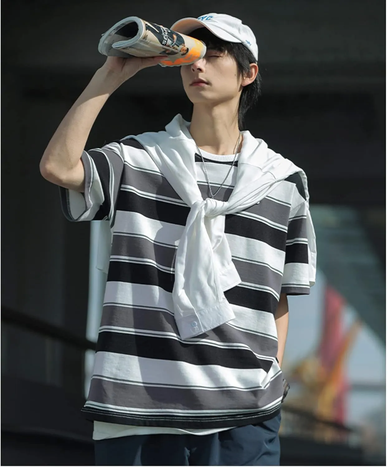 Men's Crew Neck Stripe T-Shirt Loose Short Sleeved Cotton T-Shirt