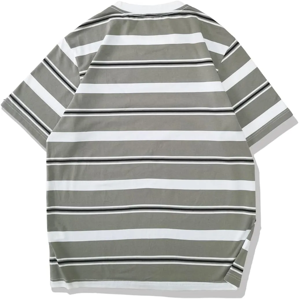 Men's Crew Neck Stripe T-Shirt Loose Short Sleeved Cotton T-Shirt