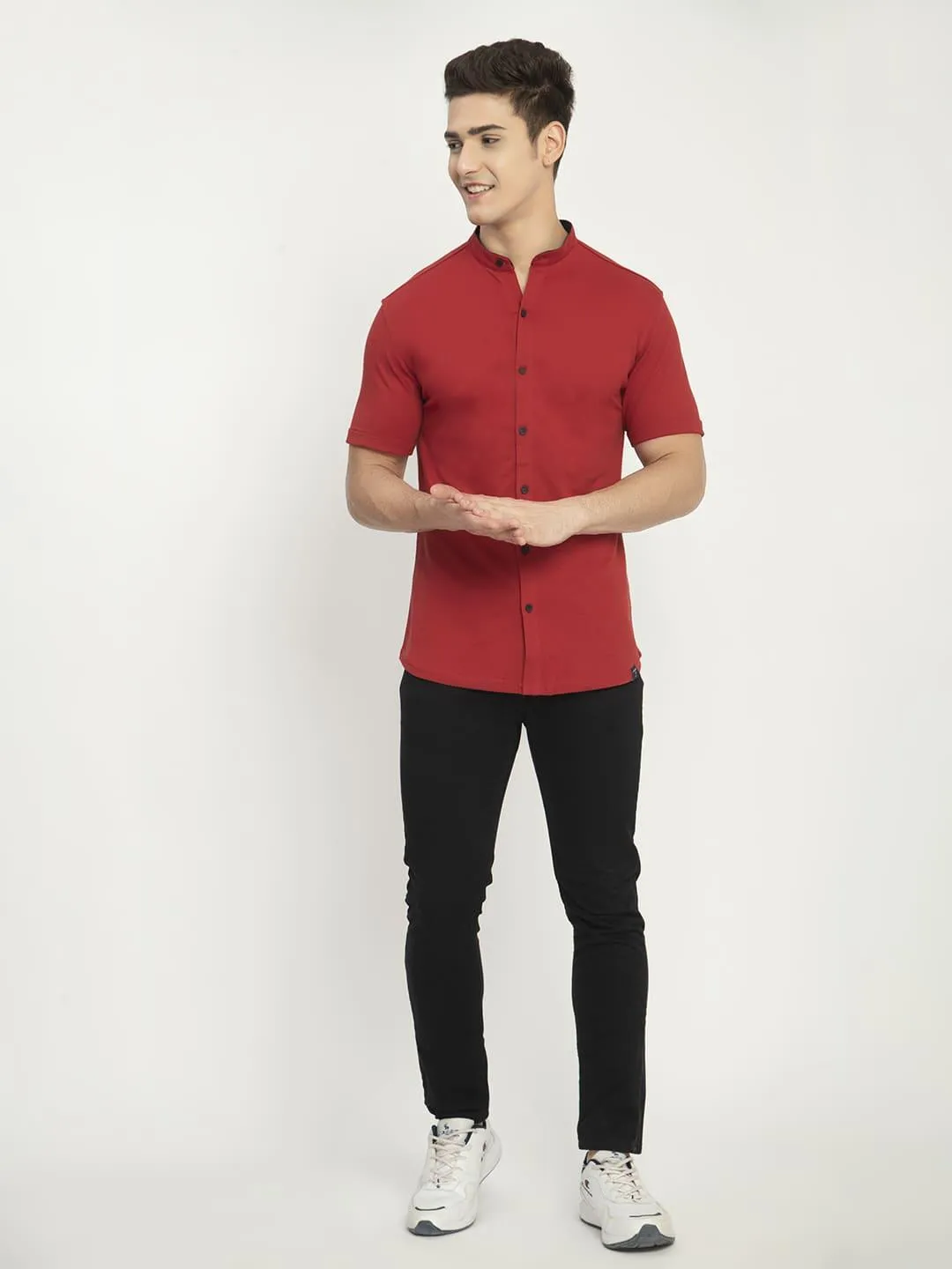 Men's Solid Mandarin Collar Short Sleeve Shirt