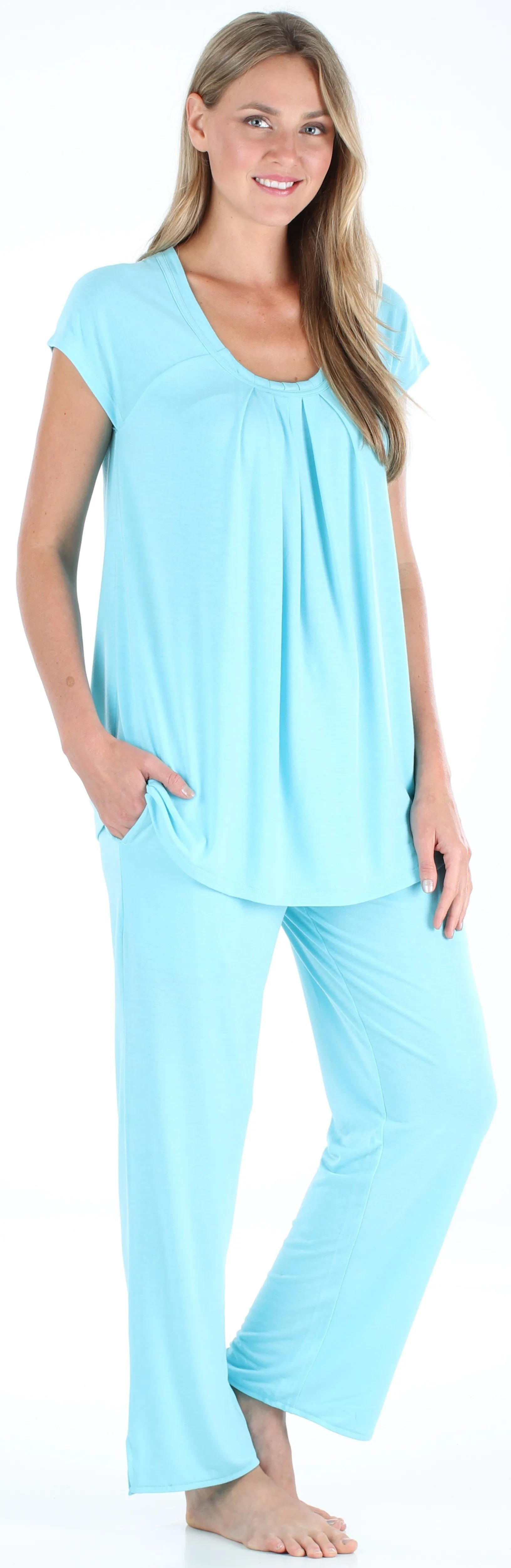 PajamaMania Women's Stretchy Knit Short Sleeve Oversized Top and Pants Pajama Set