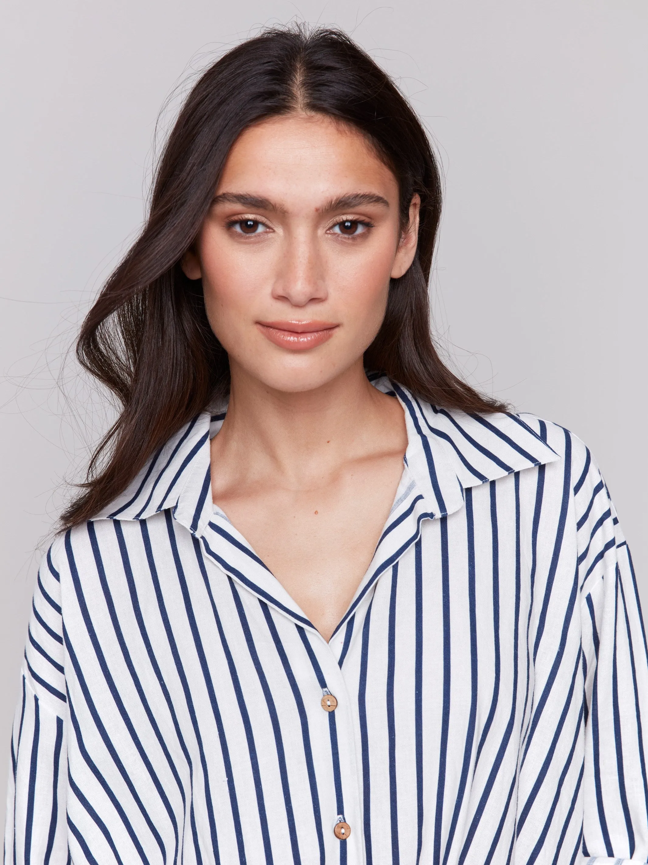 Striped Linen Blend Shirt with Front Twist Detail - Stripes
