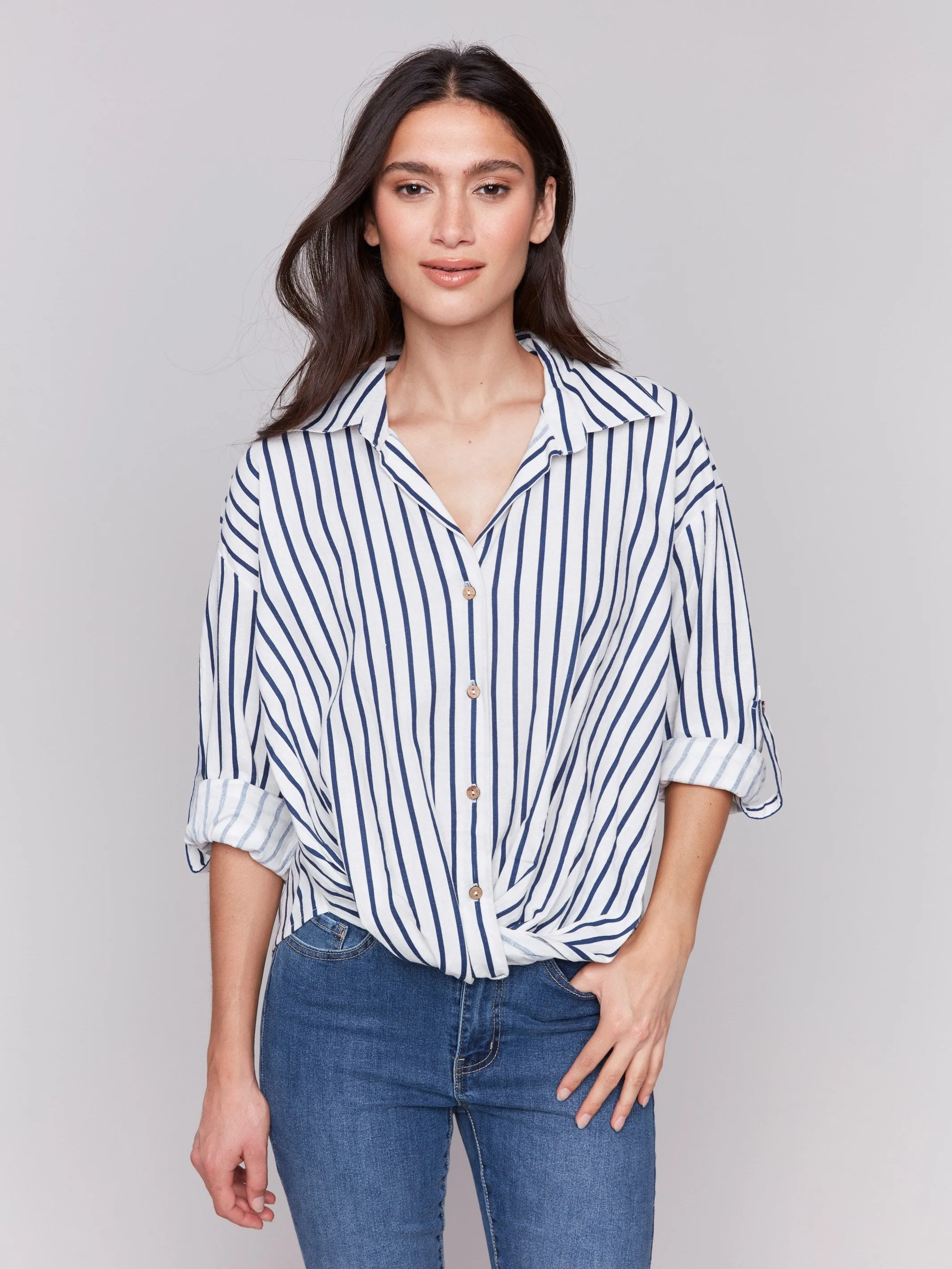 Striped Linen Blend Shirt with Front Twist Detail - Stripes
