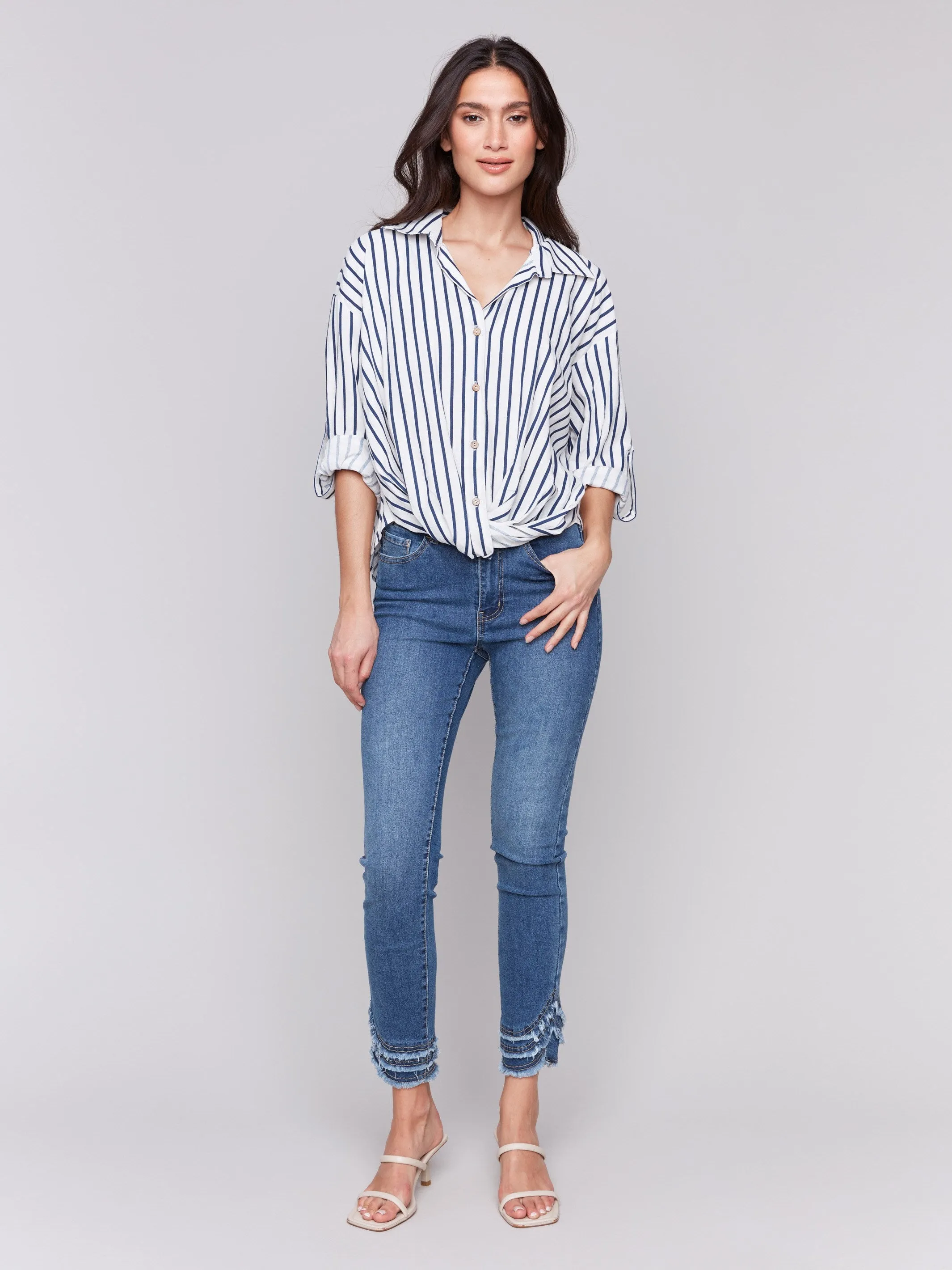 Striped Linen Blend Shirt with Front Twist Detail - Stripes