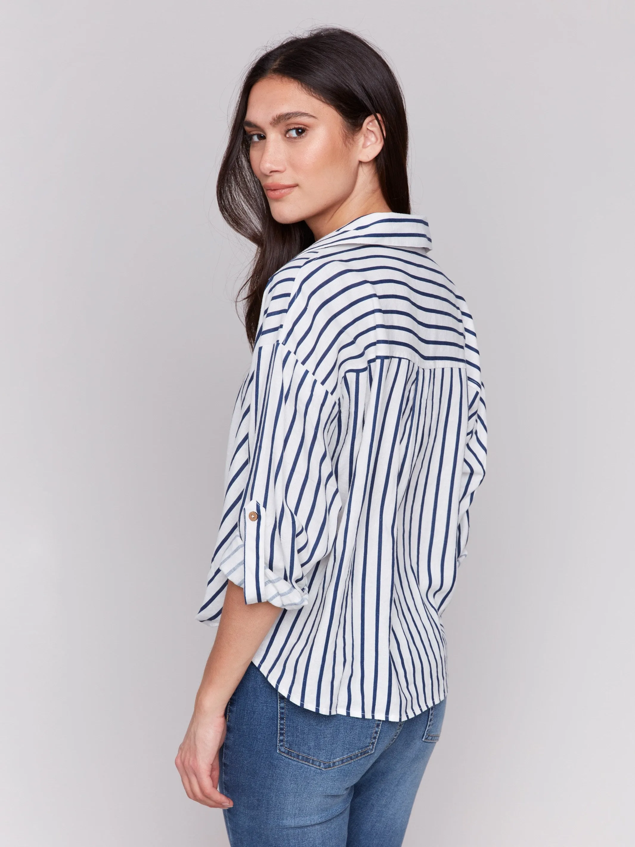 Striped Linen Blend Shirt with Front Twist Detail - Stripes