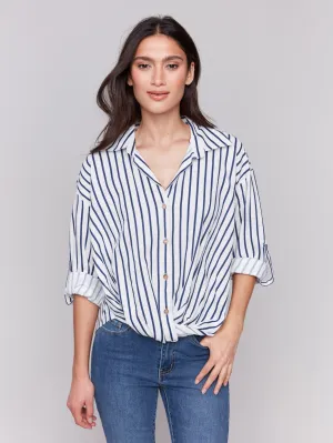Striped Linen Blend Shirt with Front Twist Detail - Stripes
