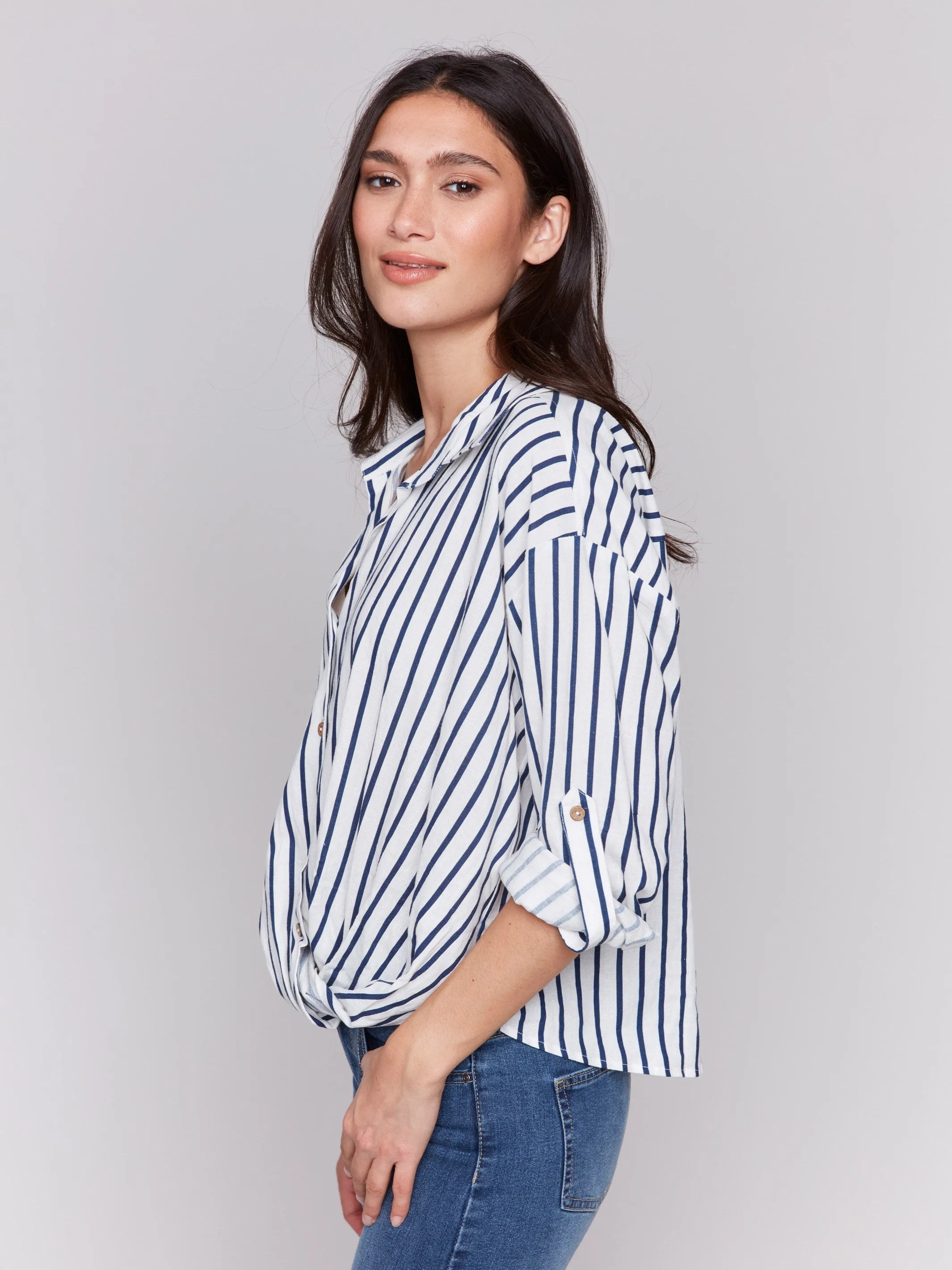Striped Linen Blend Shirt with Front Twist Detail - Stripes